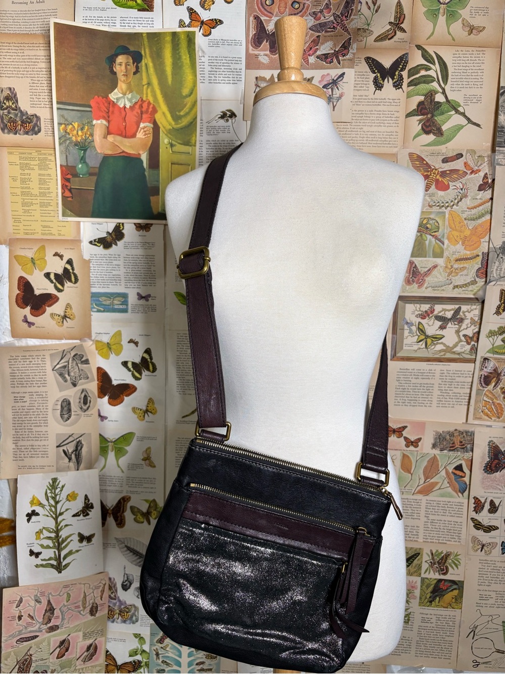 Fossil Black and Dark Brown Crossbody Bag sparkle bag